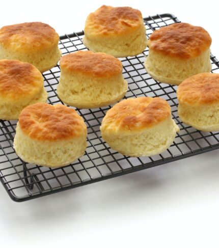 freshly baked buttermilk biscuits on cooking wire rack