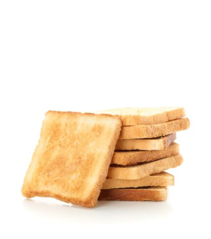 Stack of slices of bread toasts isolated on white background